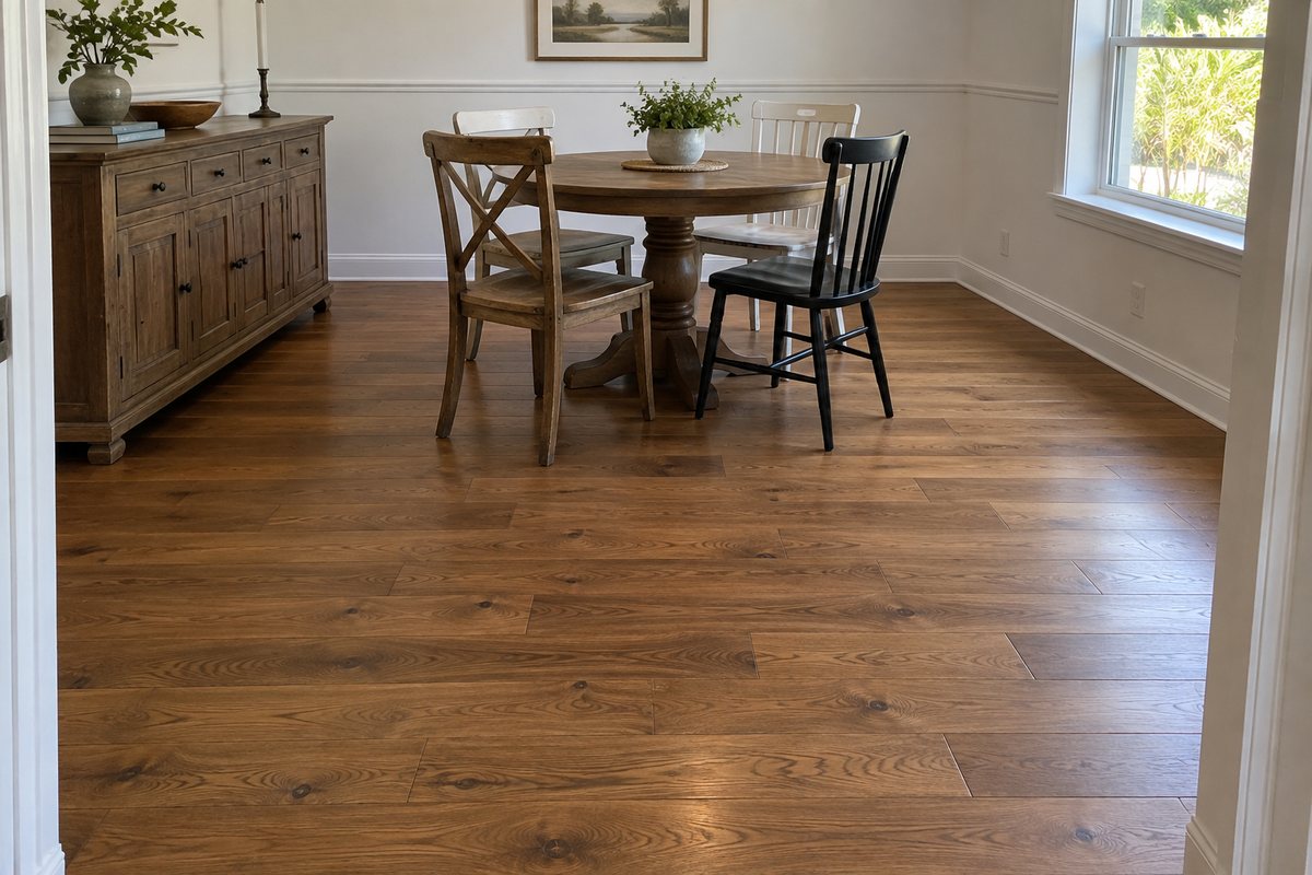 Natural engineered oak flooring in a Florida dining room