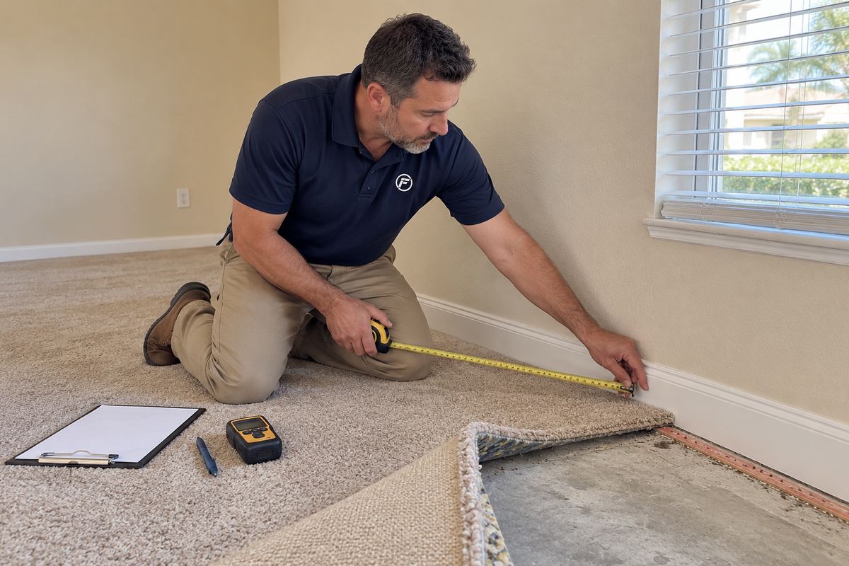 Estimator measuring a living room floor with a tape measure