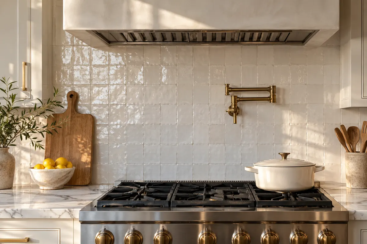 White zellige tile backsplash behind a range with a marble countertop in an Orlando-area kitchen