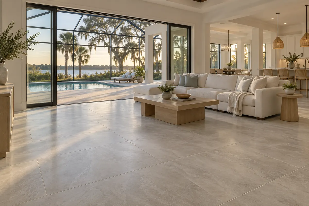 Great room with large-format stone-look porcelain tile and hilltop views in a Clermont, FL home