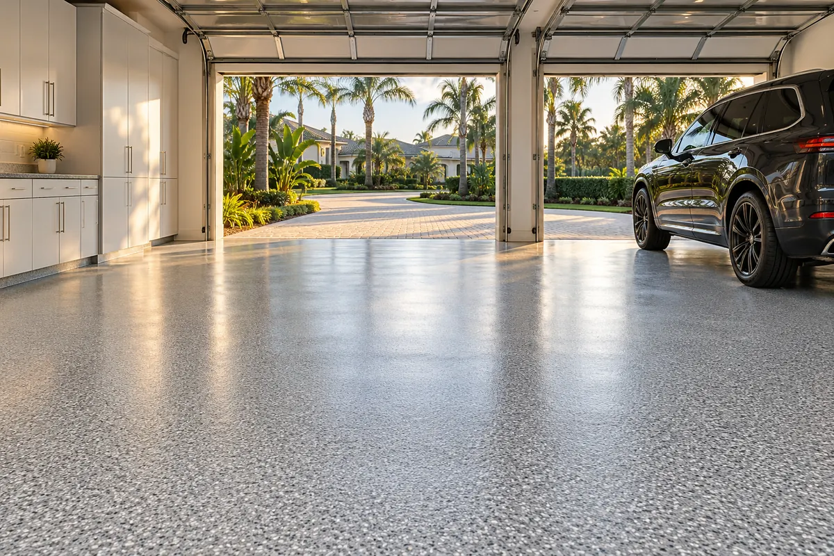 Three-car garage with a gray and white flake epoxy floor in a Central Florida home