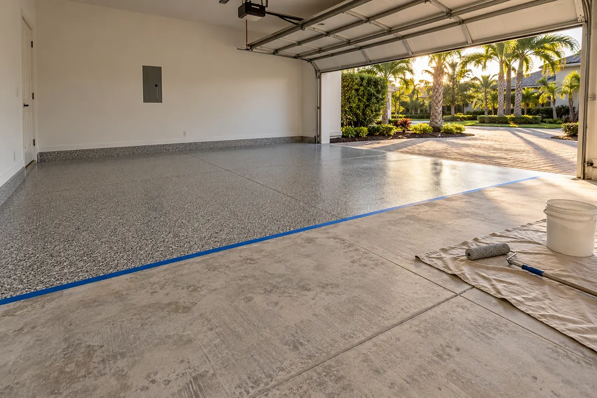 Two-car garage floor partly coated with gray flake epoxy beside bare concrete