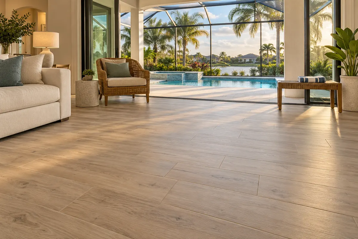 Family room with wood-look porcelain tile opening to a screened pool lanai in a Central Florida home