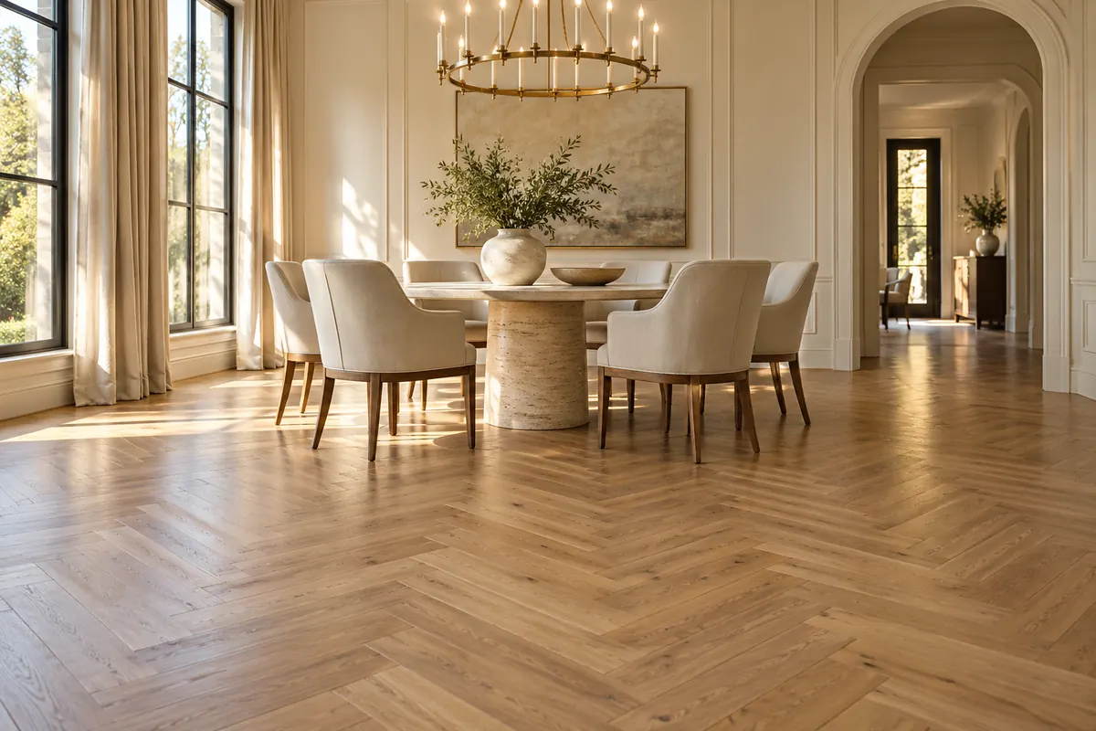 Dining room with white oak herringbone hardwood flooring in a Winter Park-area home