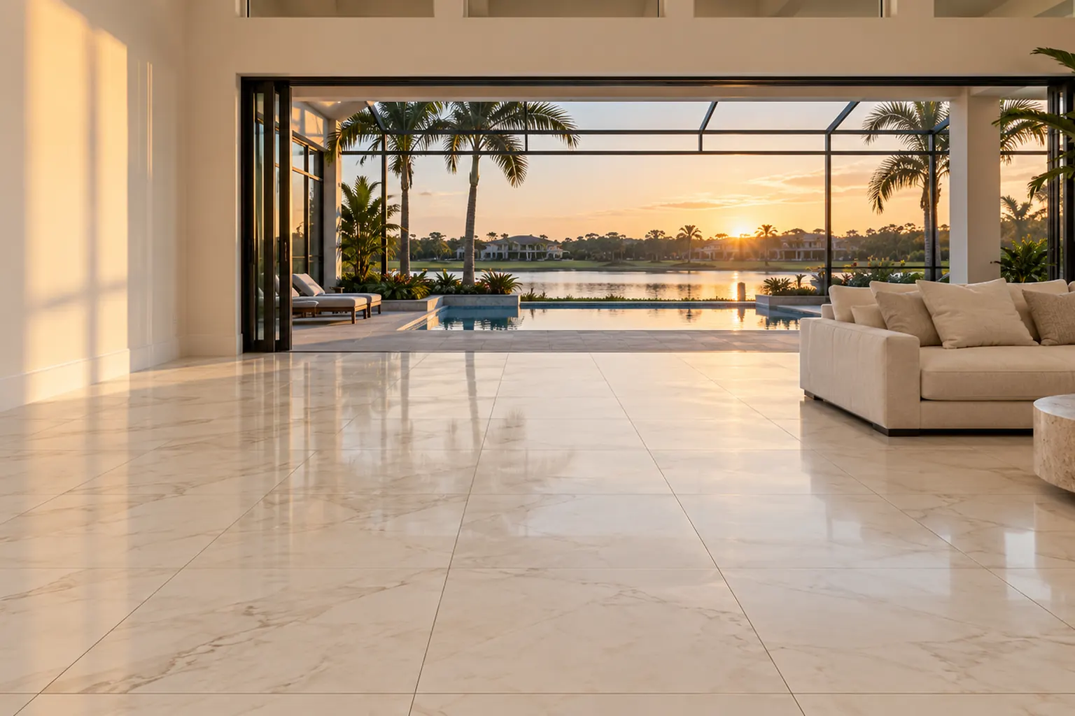 Open-plan living room with large-format polished porcelain tile flowing to a screened pool lanai and lake view in an Orlando-area home