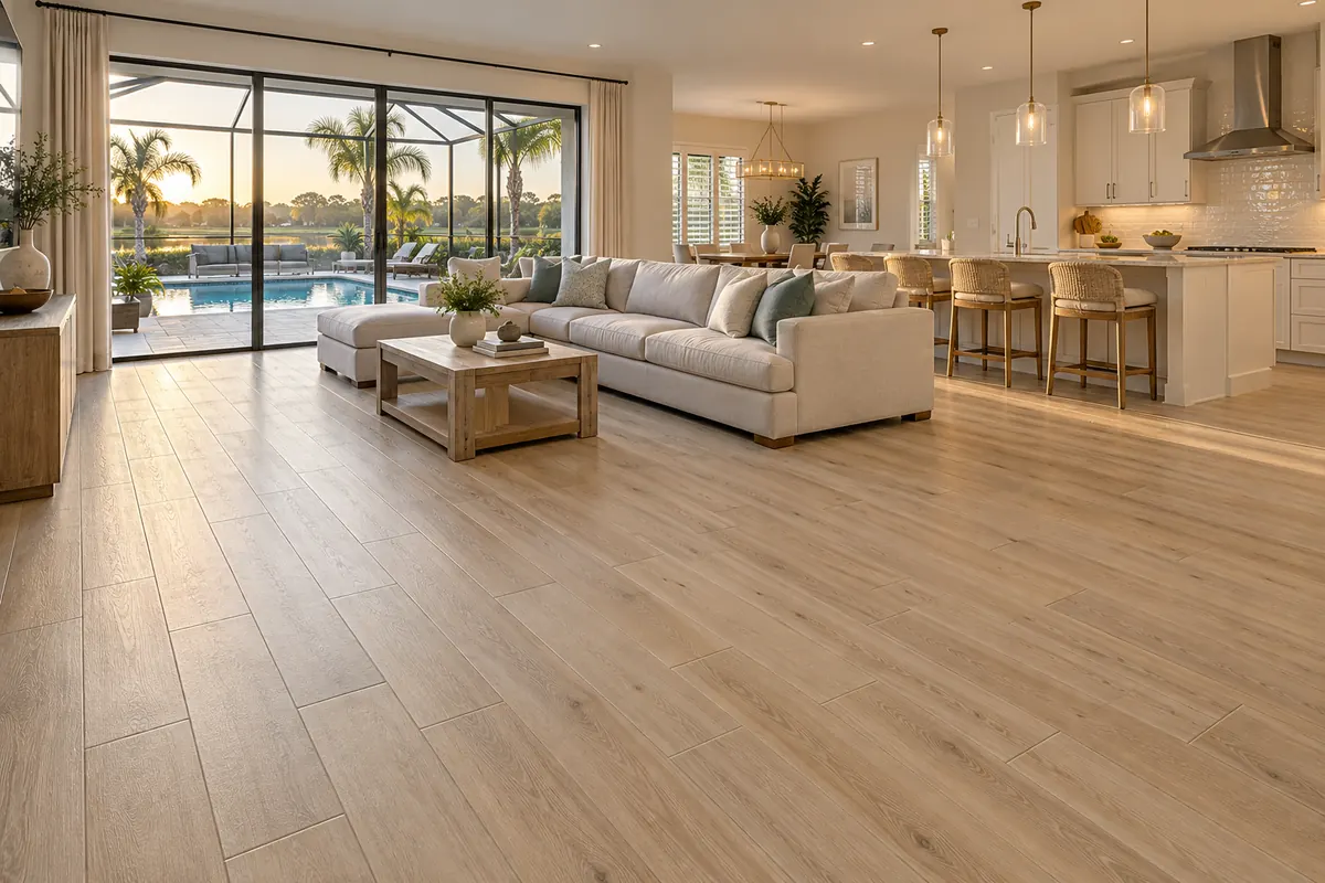 Open living and kitchen area with light oak-look porcelain plank tile in a Kissimmee, FL home