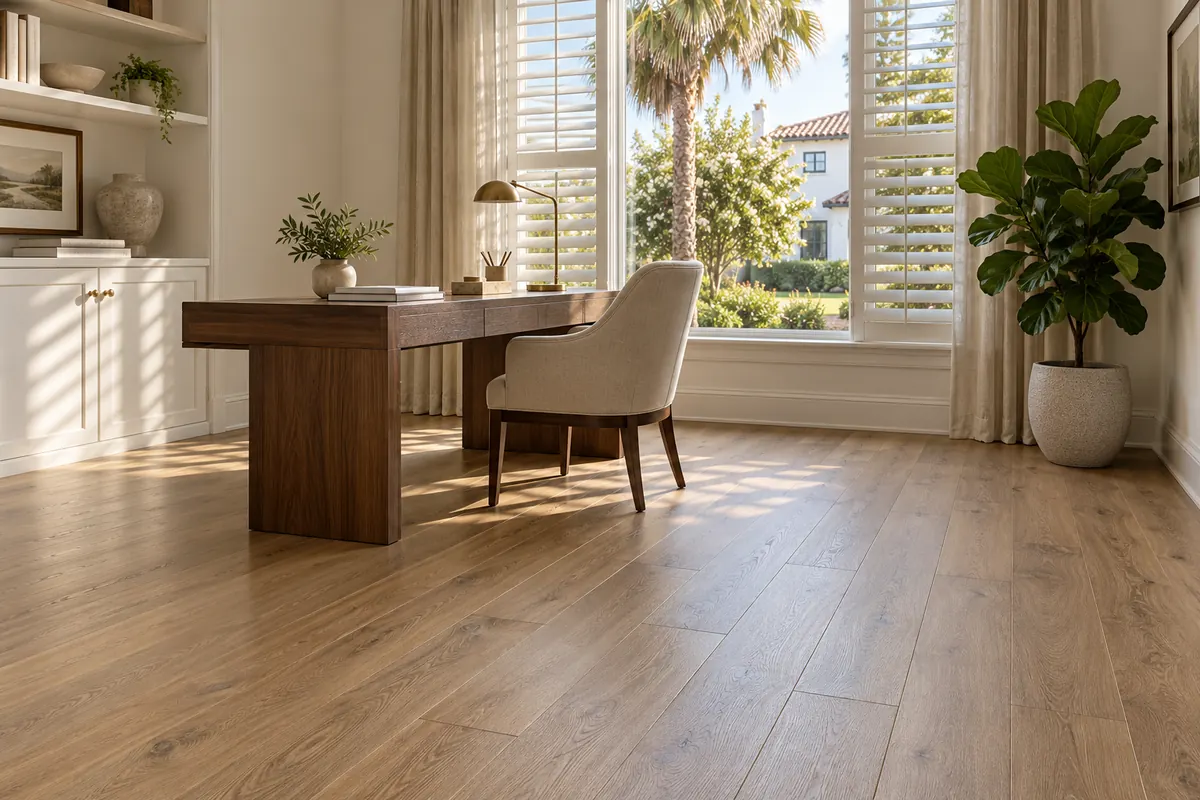 Home office with mid-tone oak laminate flooring and a walnut desk in an Orlando-area home