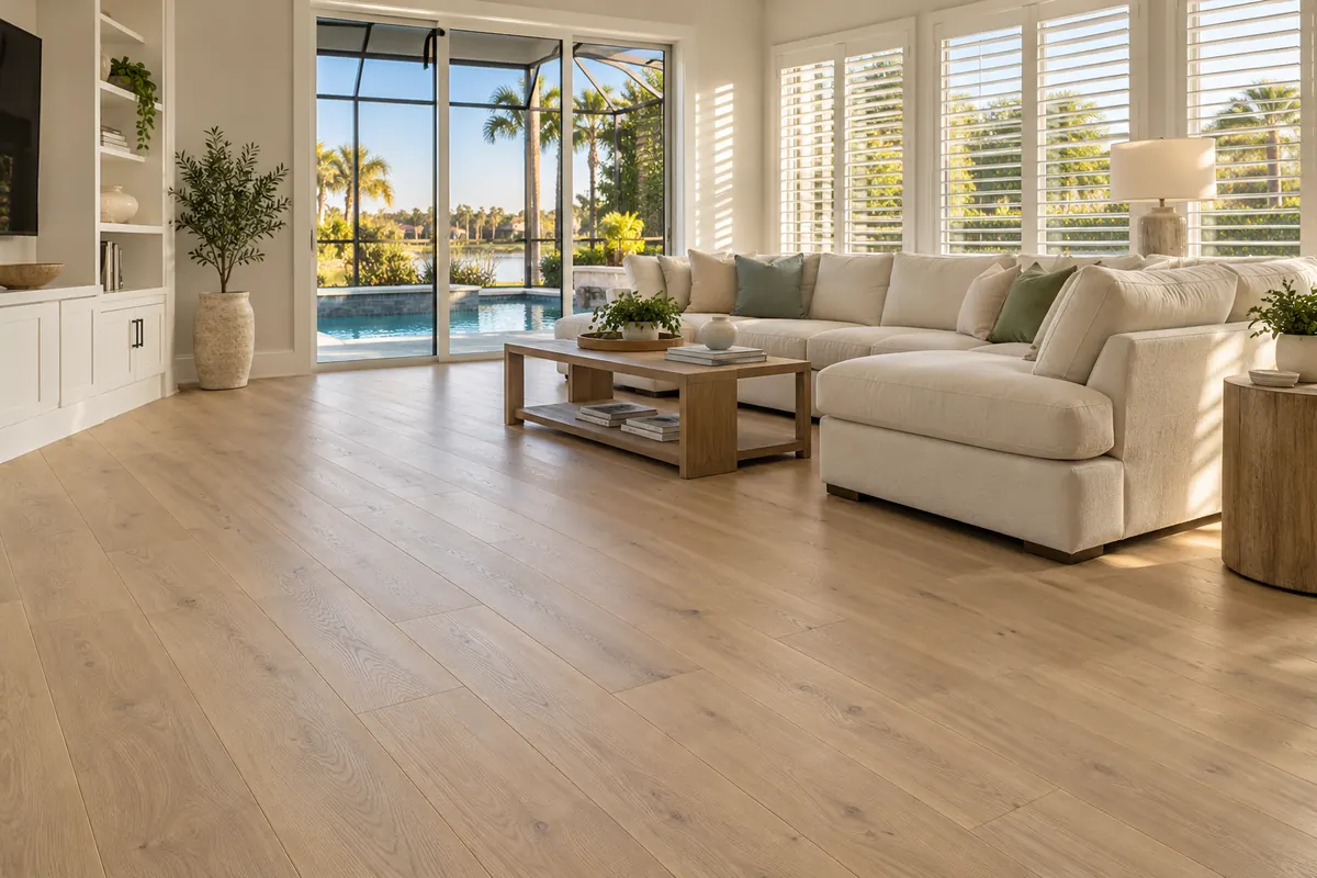 Family room with wide-plank light oak luxury vinyl plank flooring in an Orlando-area home