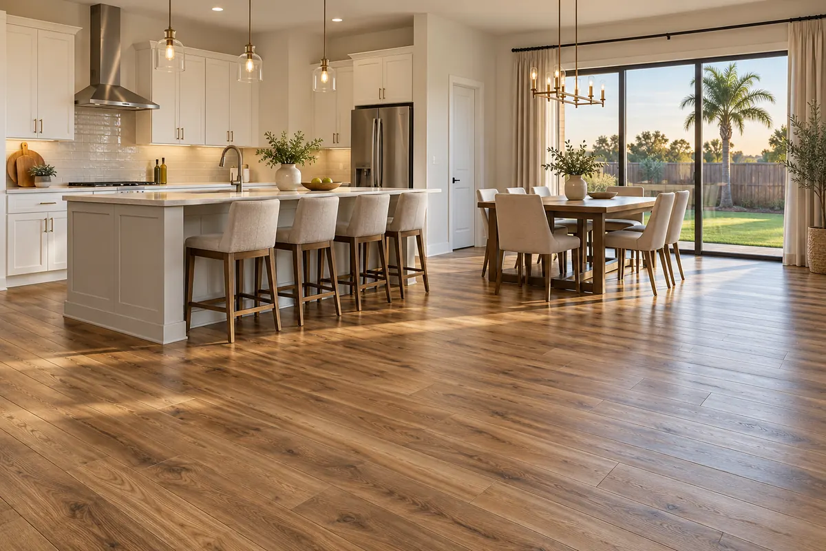 Open kitchen and dining area with hickory luxury vinyl plank flooring in an Ocoee, FL home