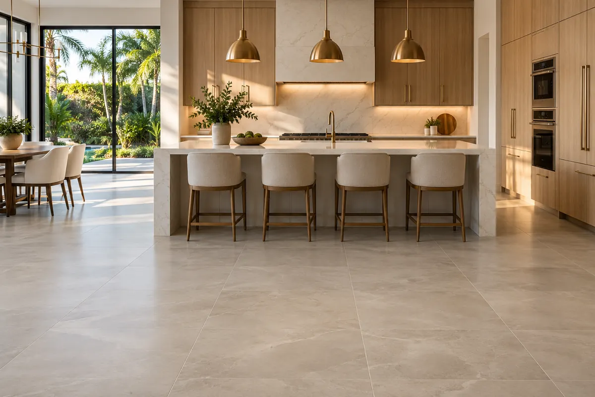 Kitchen with large-format 24x48 porcelain tile and a quartz island in an Orlando-area home