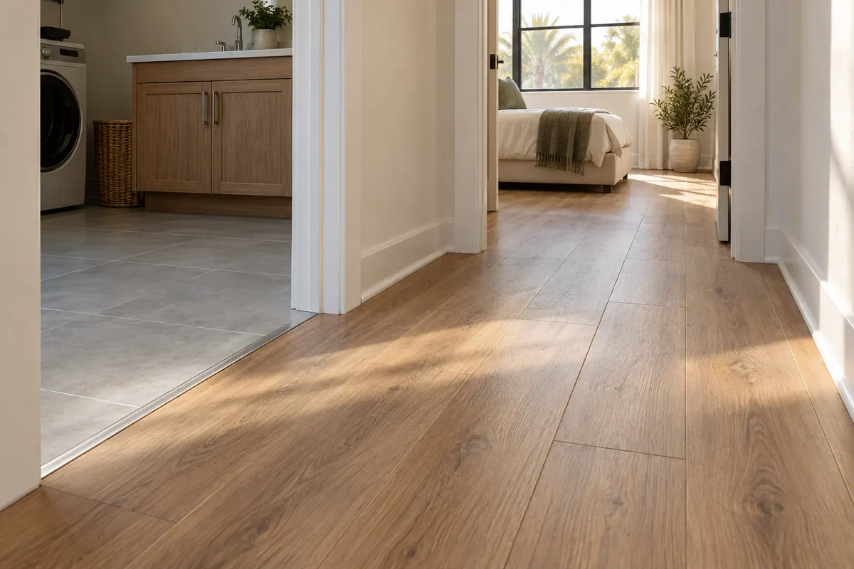 Hallway where porcelain tile meets oak vinyl plank at a slim transition strip