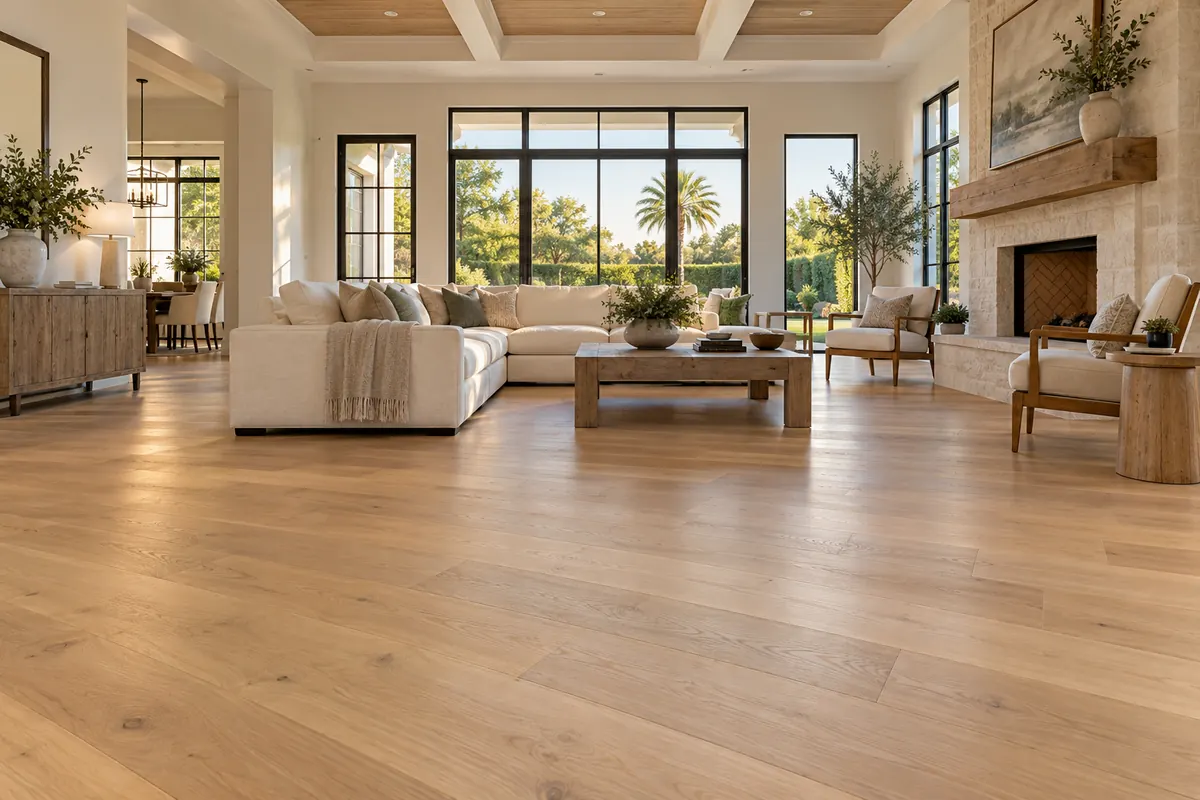 Living room with wide-plank white oak engineered hardwood in a Winter Garden, FL home
