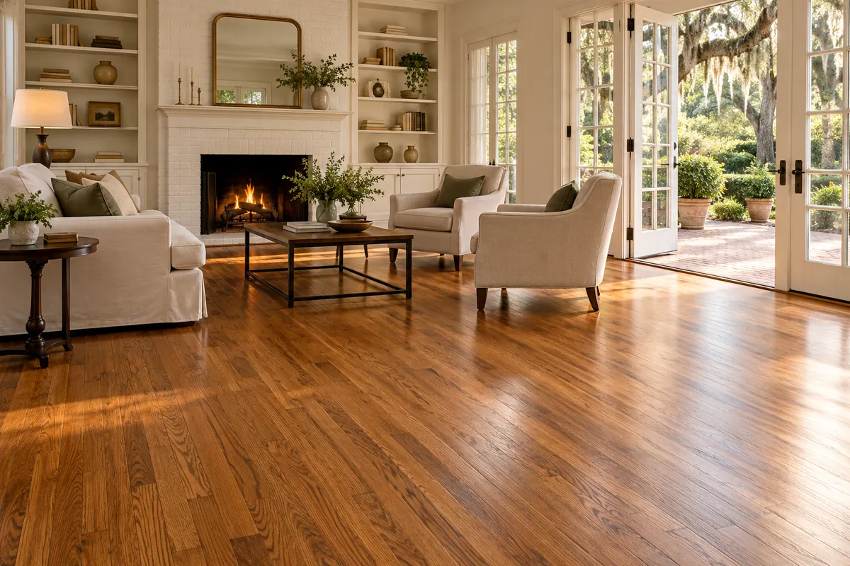 Living room with refinished red oak hardwood floors in a historic Winter Park, FL home