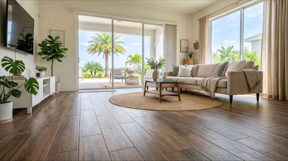 Bright Central Florida living room with a wood-look porcelain tile floor and palm trees outside the sliding doors