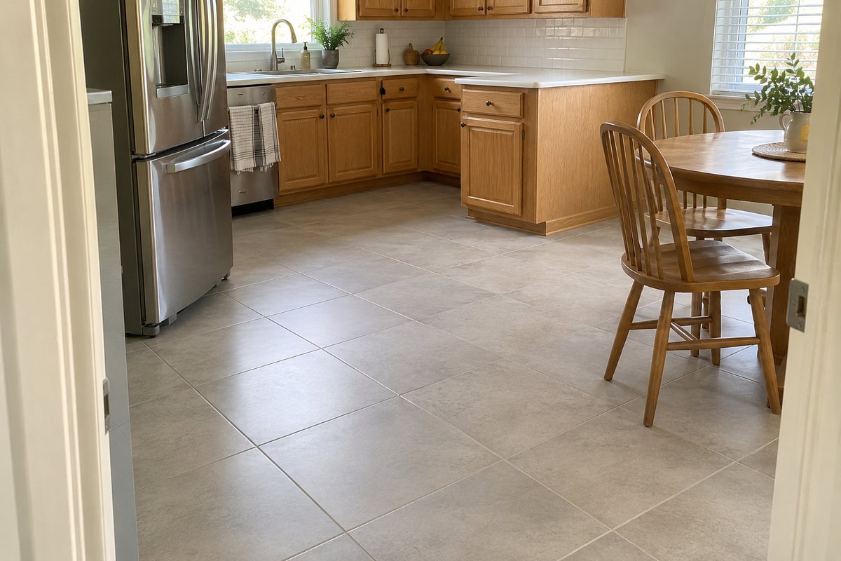 Matte grey porcelain tile flooring in a Florida kitchen