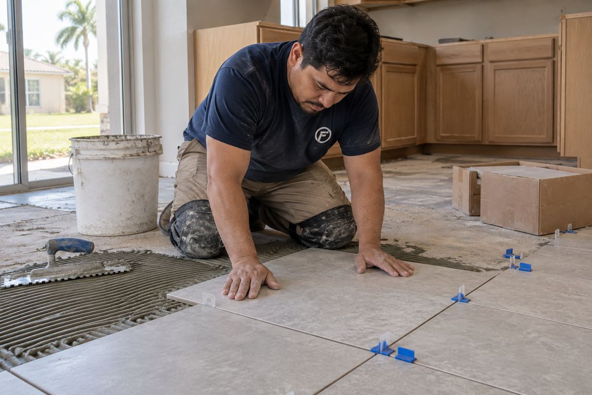 Installer setting a large porcelain tile into thinset mortar on a concrete slab